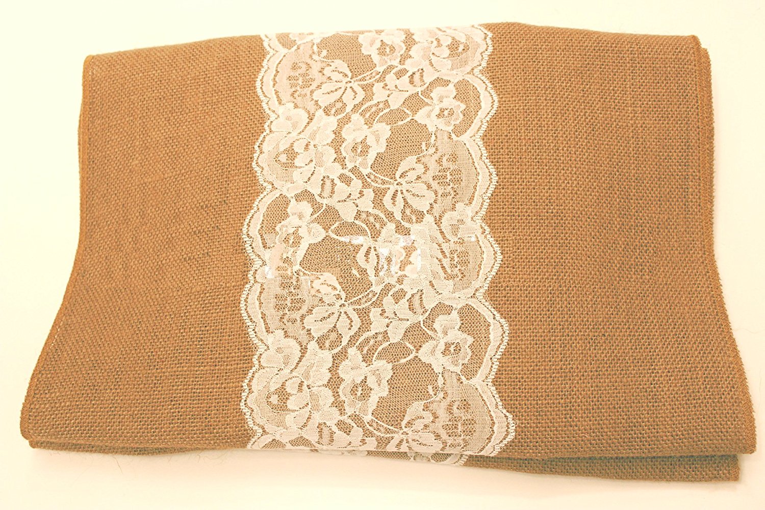 14" Natural Burlap Runner with 6" White Lace - Click Image to Close