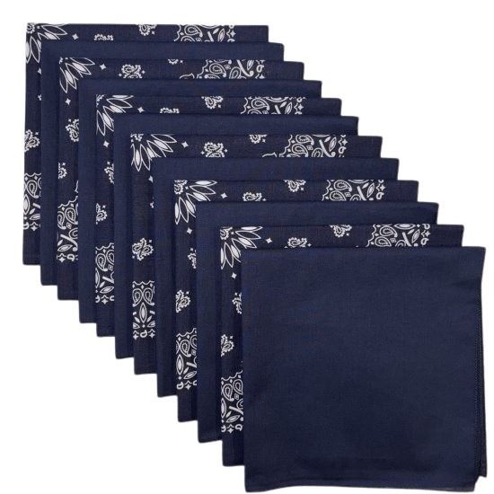 (image for) USA Made Paisley & Solid Navy Bandanas 12 Pk 22" 100% Cotton