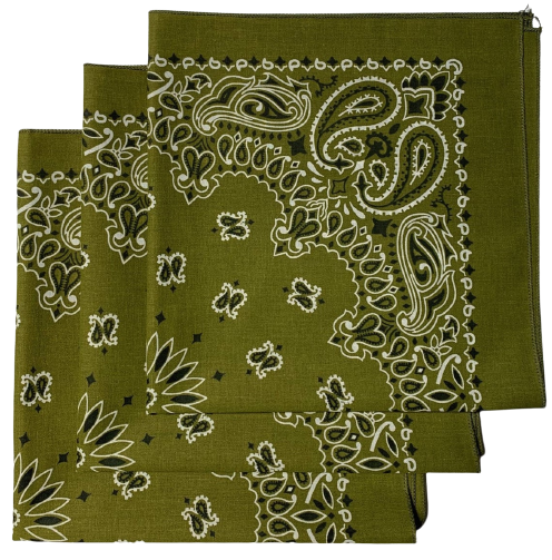 Olive Paisley Bandanas - Made In The USA (3 Pk) 22" x 22"