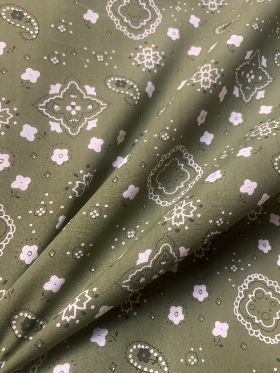 58/60" Olive Paisley Bandana Fabric Poly Cotton Blend Per Yard - Click Image to Close
