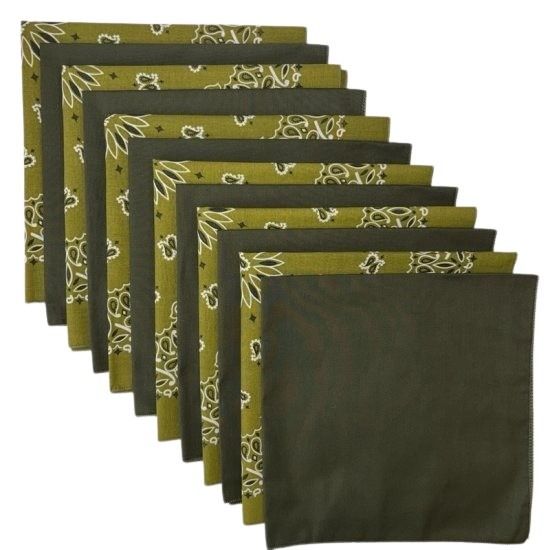 (image for) USA Made Paisley & Solid Olive Bandanas 12 Pk 22" 100% Cotton