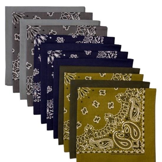 (image for) USA Made Paisley & Solid Bandanas - Olive, Navy, Charcoal 12 Pk 22" 100% Cotton