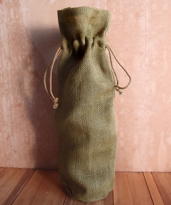 Olive Green Jute Wine Bag With Drawstring 6" x 15" x 3.5" - Click Image to Close