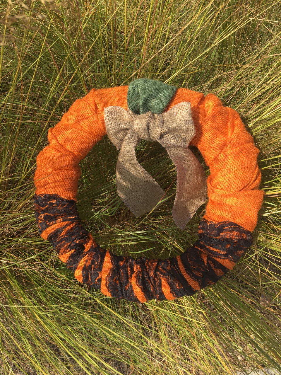 Burlap Wreath Orange/Green/Natural W/Black Lace & Natural Ribbon