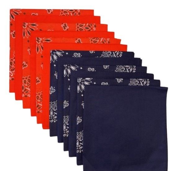 (image for) USA Made Paisley & Solid Bandanas - Orange, Navy 12 Pk 22" 100% Cotton