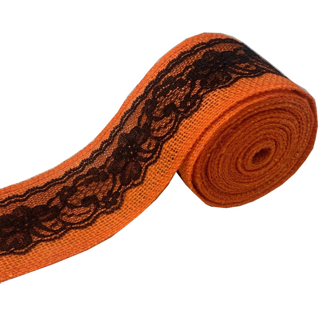 3" Orange Burlap Ribbon w/Black Lace 5 Yard Roll - Made in USA