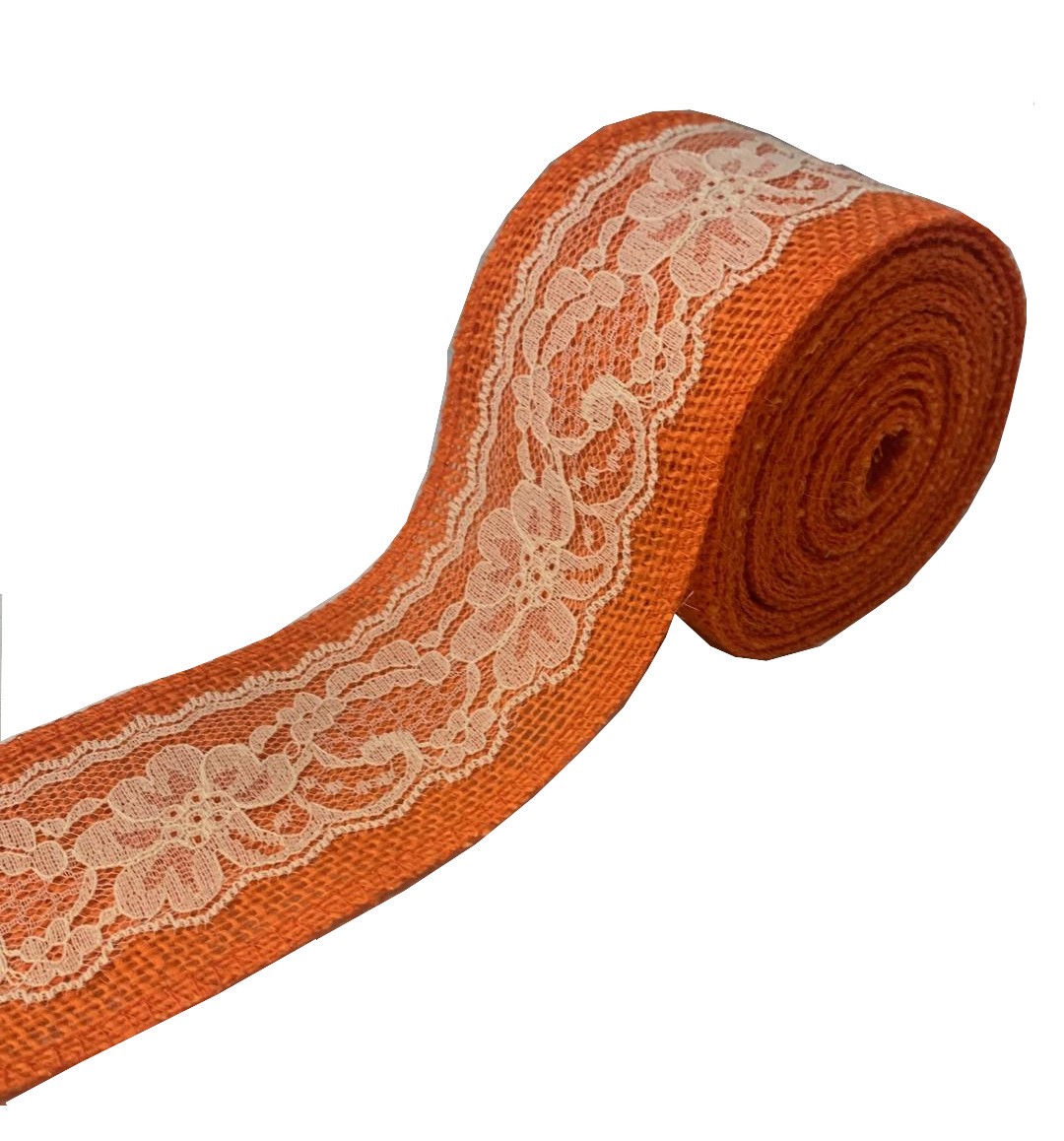 3" Orange Burlap Ribbon w/Ivory Lace 5 Yard Roll - Made in USA
