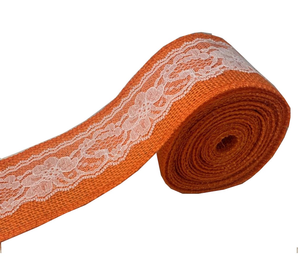 3" Orange Burlap Ribbon w/White Lace 5 Yard Roll - Made in USA