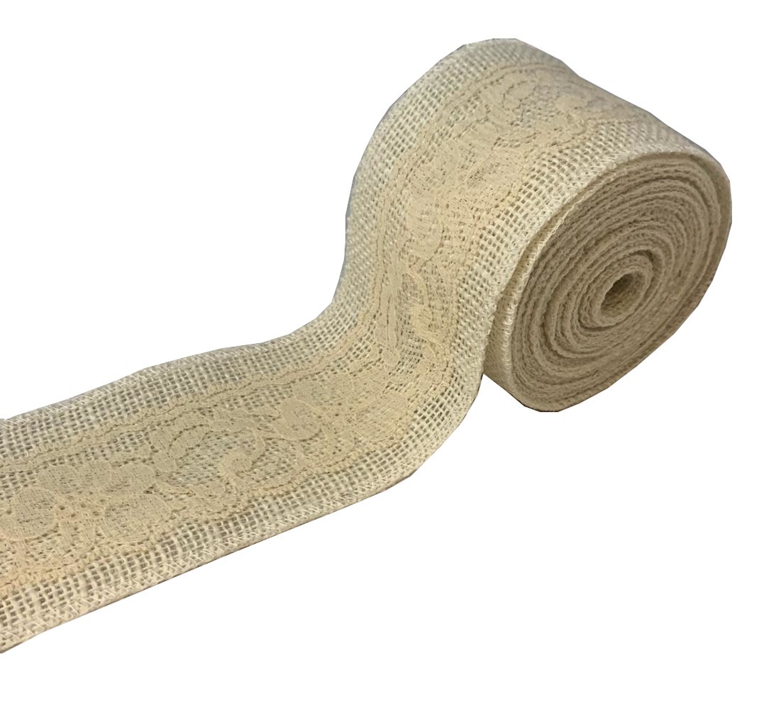 3" Oyster Burlap Ribbon w/Ivory Lace 5 Yard Roll - Made in USA - Click Image to Close