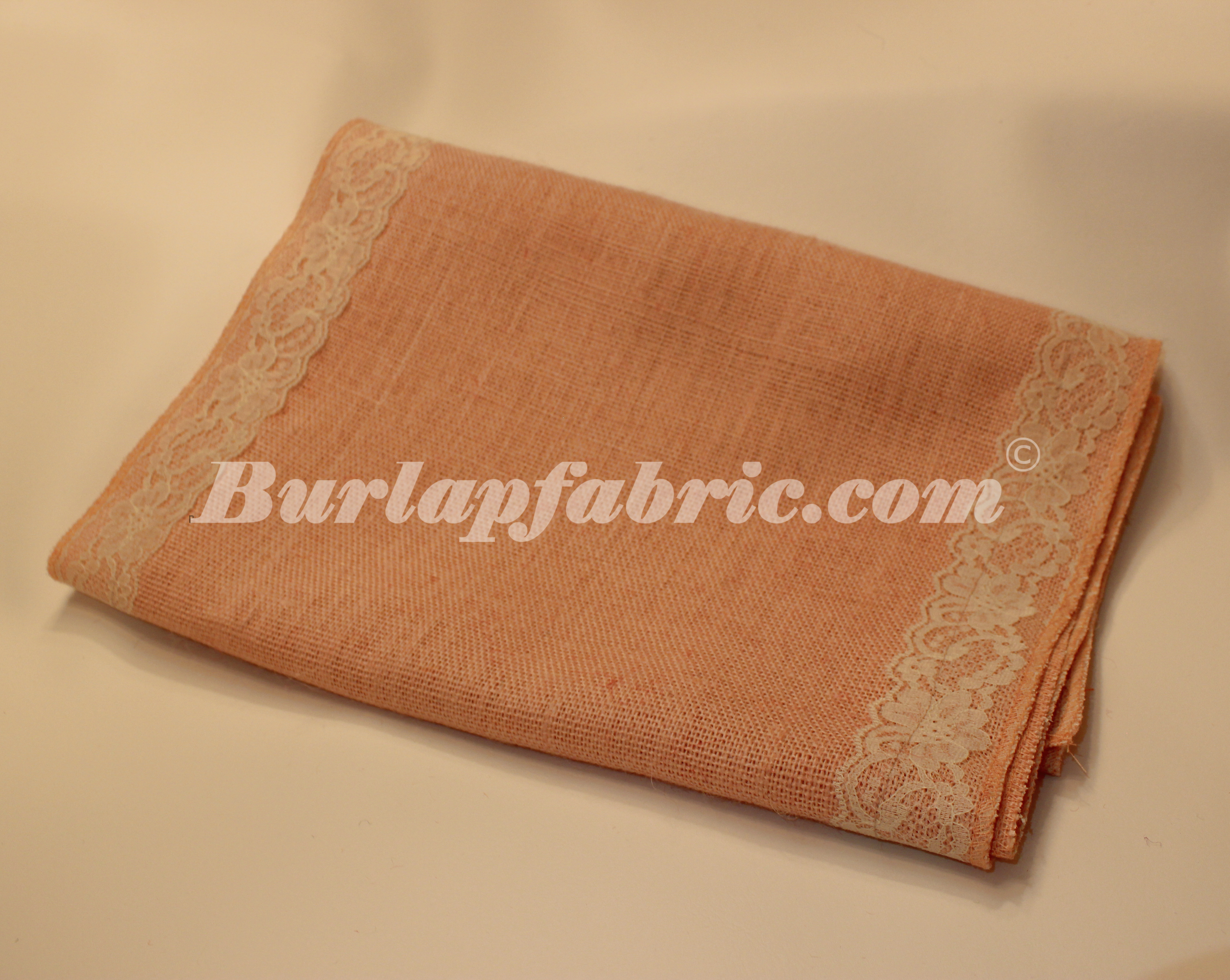 14" Peach Burlap Runner with 2" Ivory Lace Borders