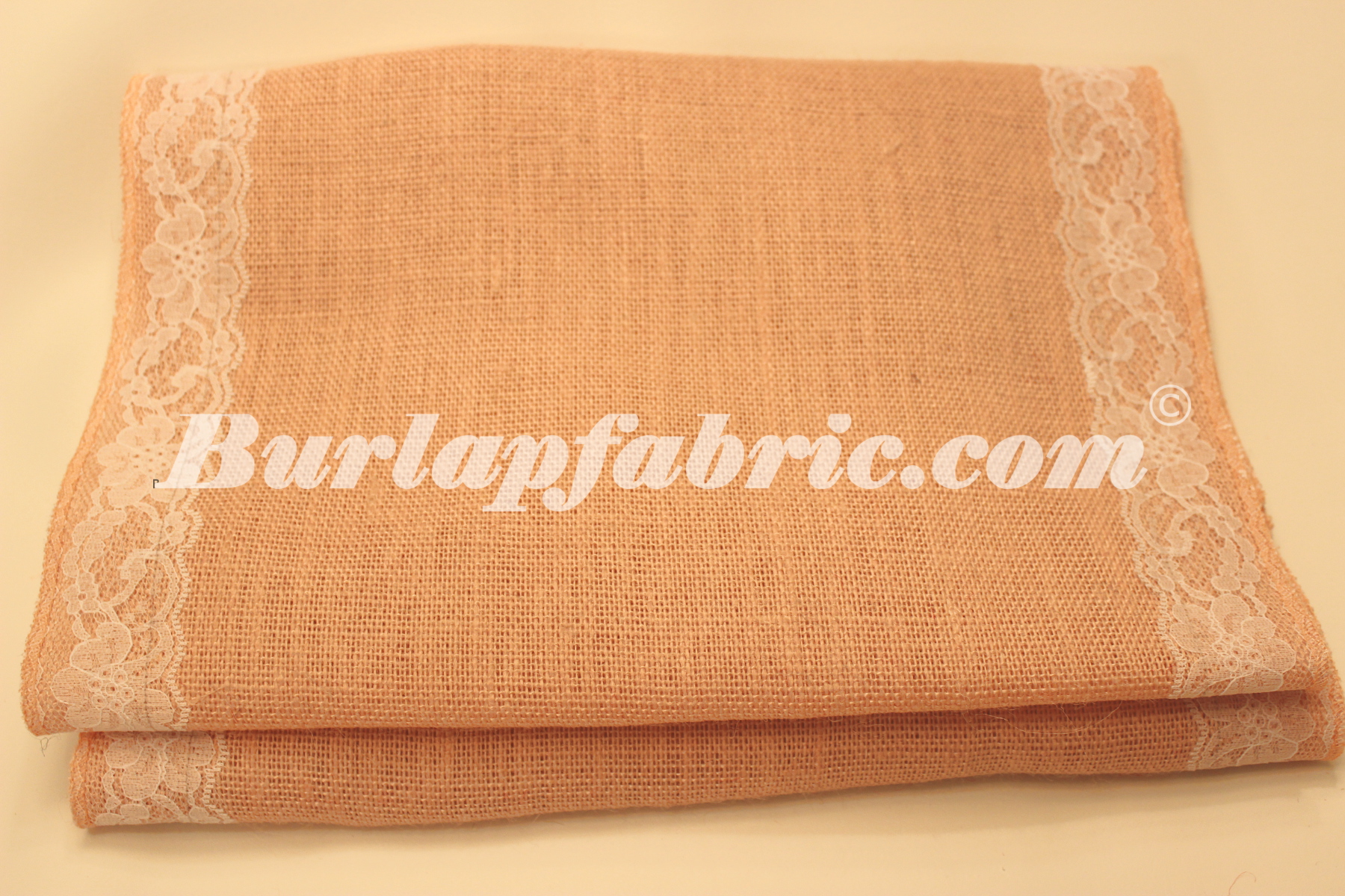 14" Peach Burlap Runner with 2" White Lace Borders