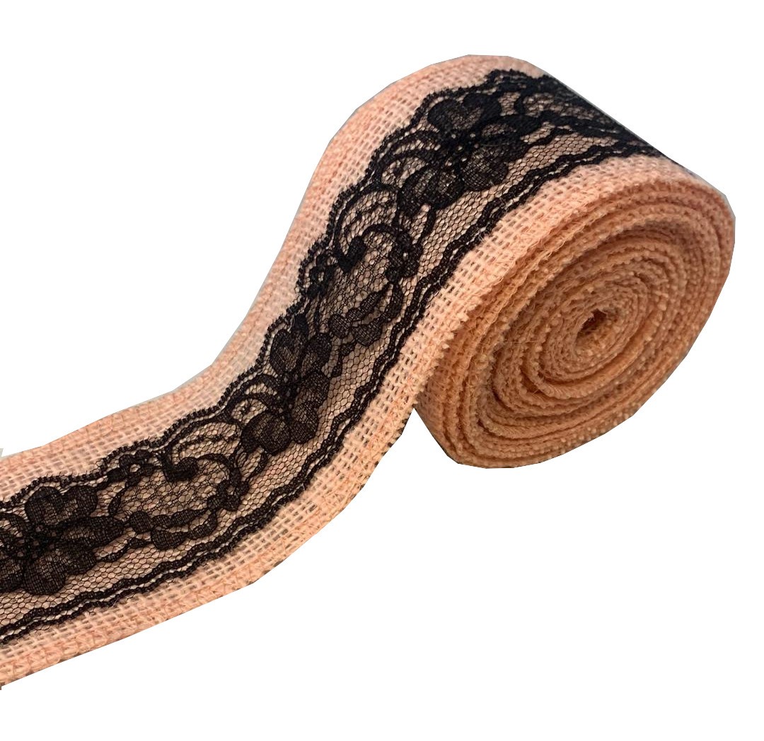 3" Peach Burlap Ribbon With Black Lace 5 Yard Roll - Made in USA