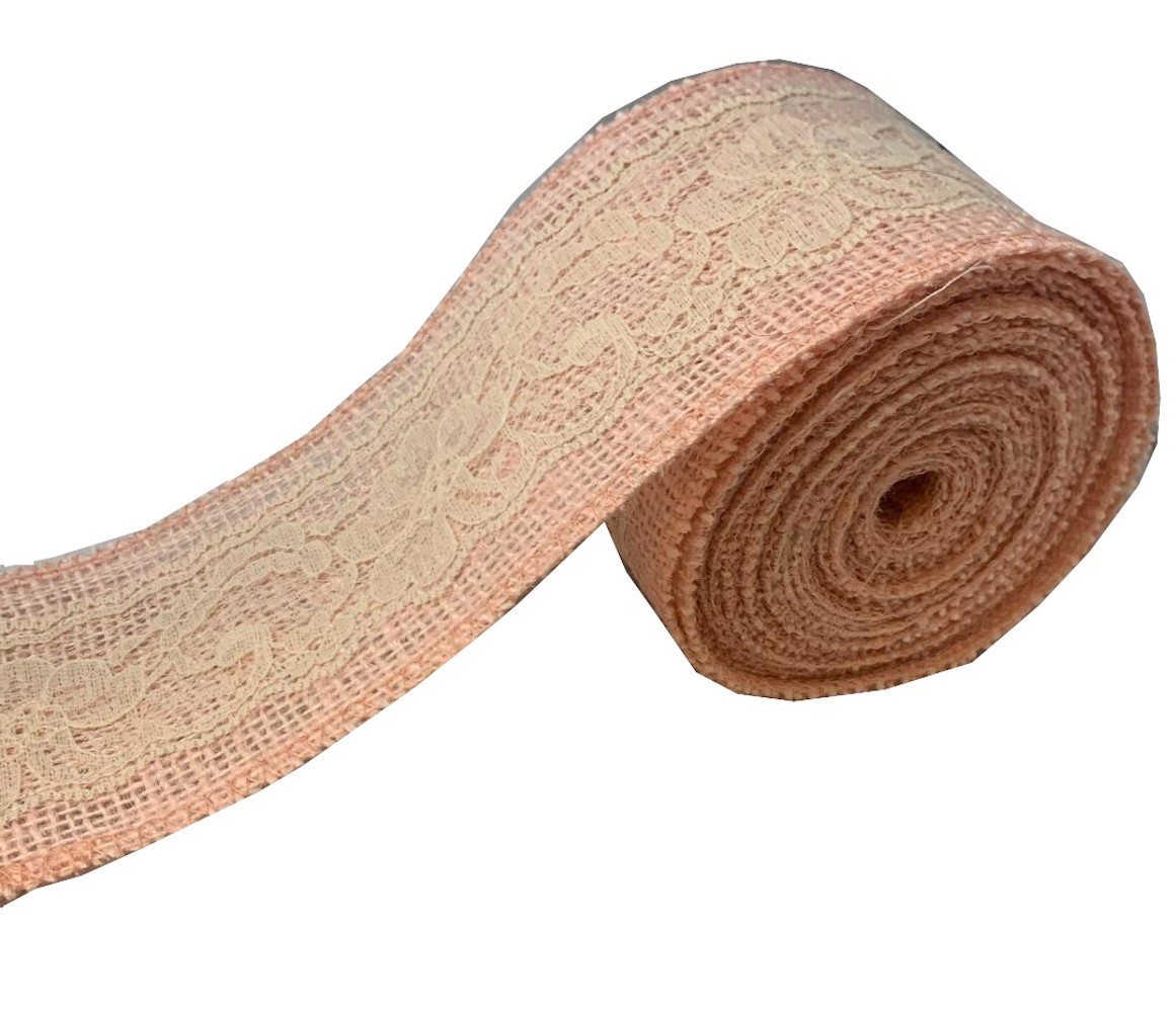 3" Peach Burlap Ribbon w/Ivory Lace 5 Yard Roll - Made in USA - Click Image to Close
