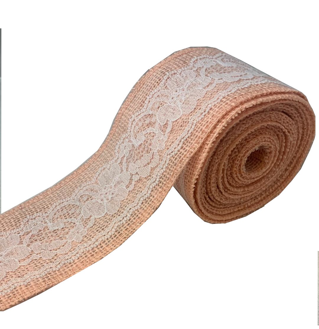 3" Peach Burlap Ribbon With White Lace 5 Yard Roll - Made in USA