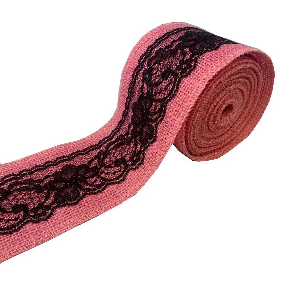 3" Pink Burlap Ribbon With Black Lace 5 Yard Roll - Made in USA