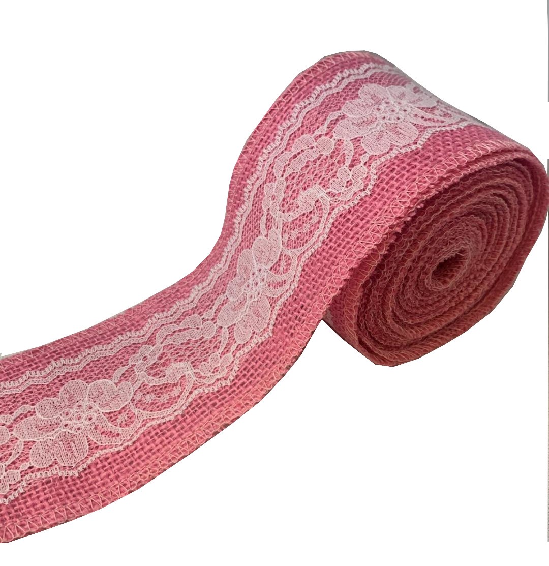 3" Pink Burlap Ribbon With White Lace 5 Yard Roll - Made in USA