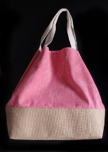 Washed Canvas Pink Tote Bag With Burlap - 14"W x 16"H x 5 Â½"D