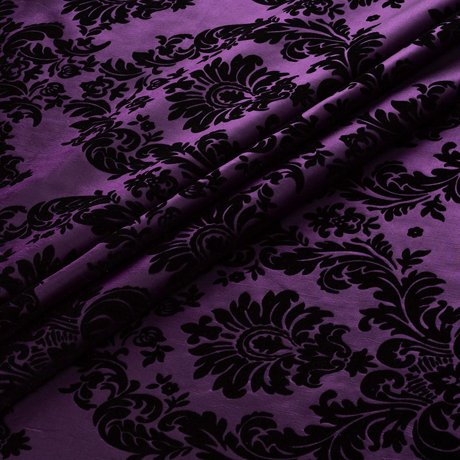 58/60" Plum/Black Flocked Damask Taffeta Fabric By The Yard