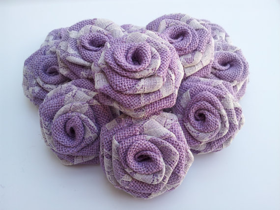 Purple Burlap Flowers with Lace (12 Pack) - Click Image to Close