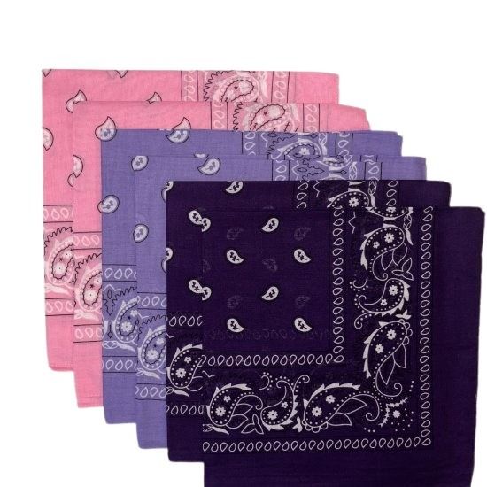 (image for) Paisley Bandanas Purple, Lavender, Pink 22" x 22" 100% Cotton (6 Pk)