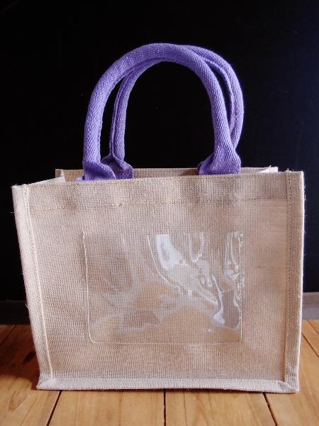 Mini Purple Jute Blend Tote Bag W/Window 10" x 8" x 5" - Click Image to Close