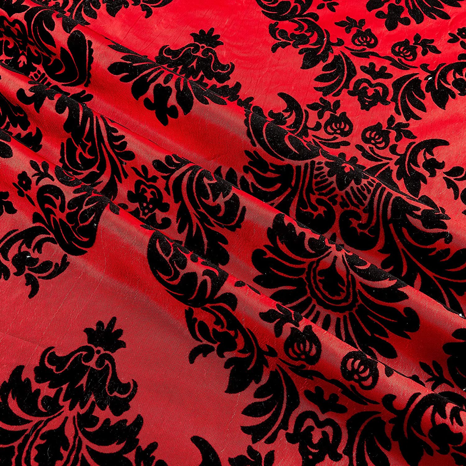 58/60" Red/Black Flocked Damask Taffeta Fabric By The Yard