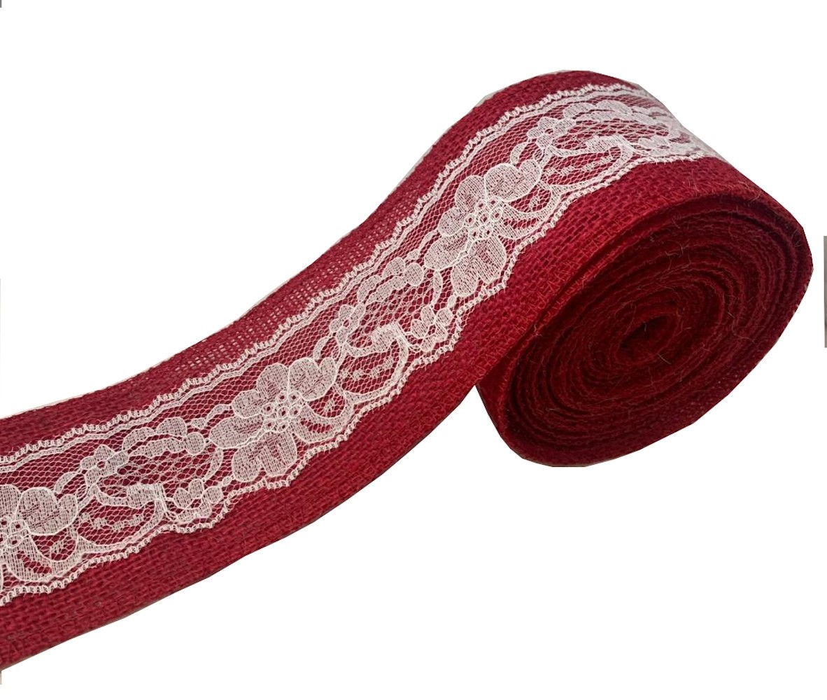 3" Red Burlap Ribbon With White Lace 5 Yard Roll - Made in USA