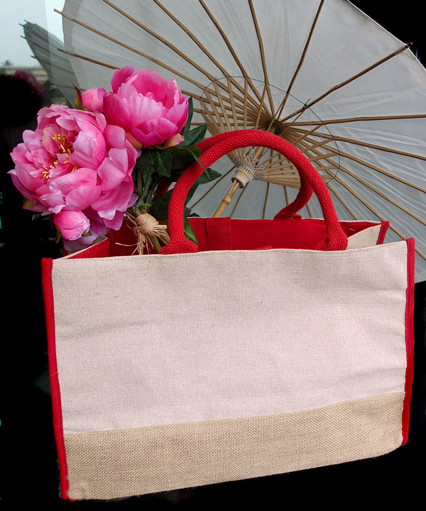 Jute Tote Bag Red Cotton and Jute Accents 17.5"Wx11.5"Hx8.5"D