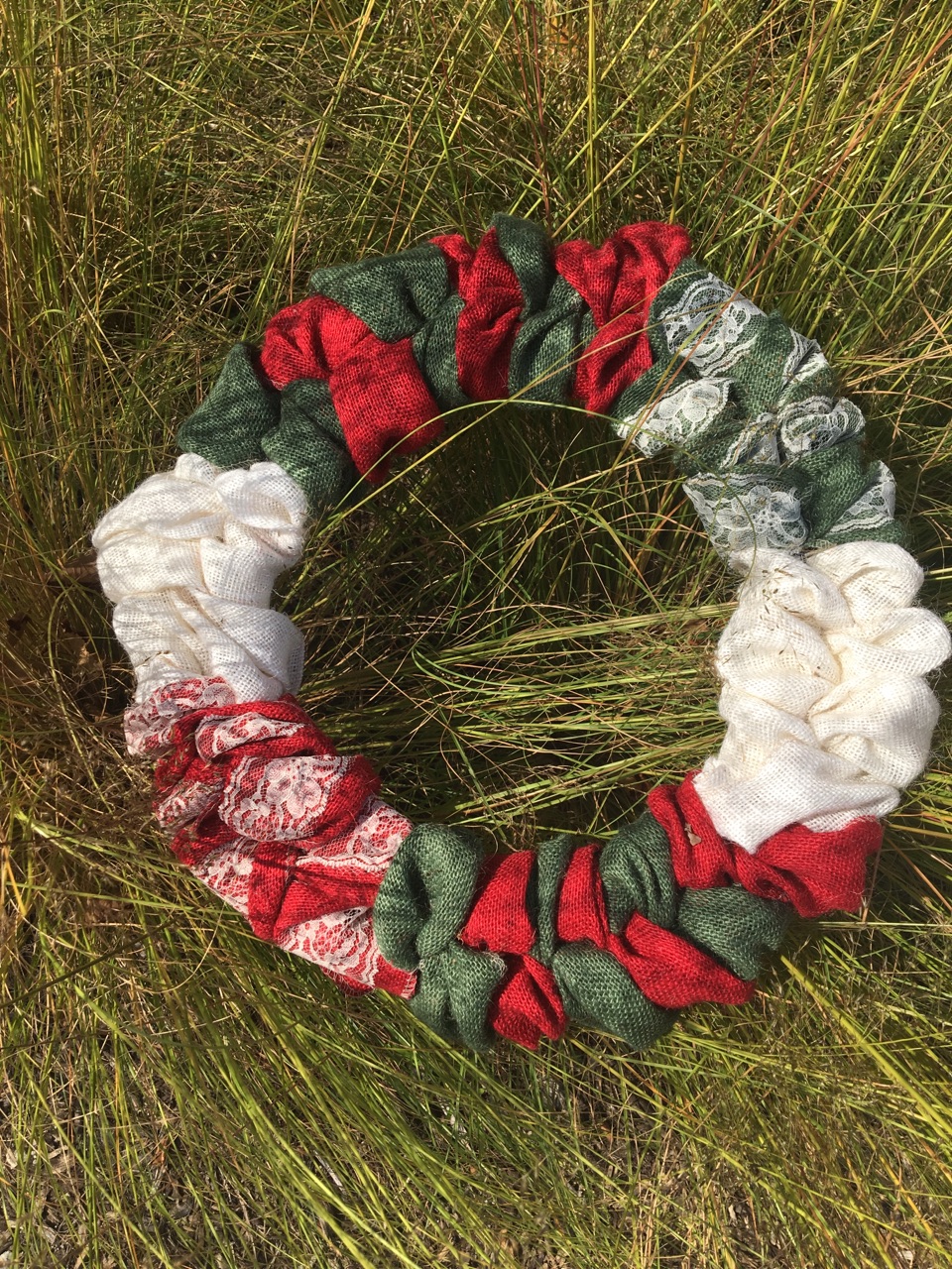 Red White & Green Burlap Wreath With Ivory Lace