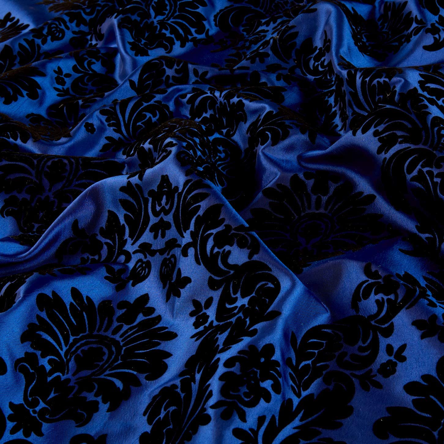 58/60" Royal/Black Flocked Damask Taffeta Fabric By The Yard