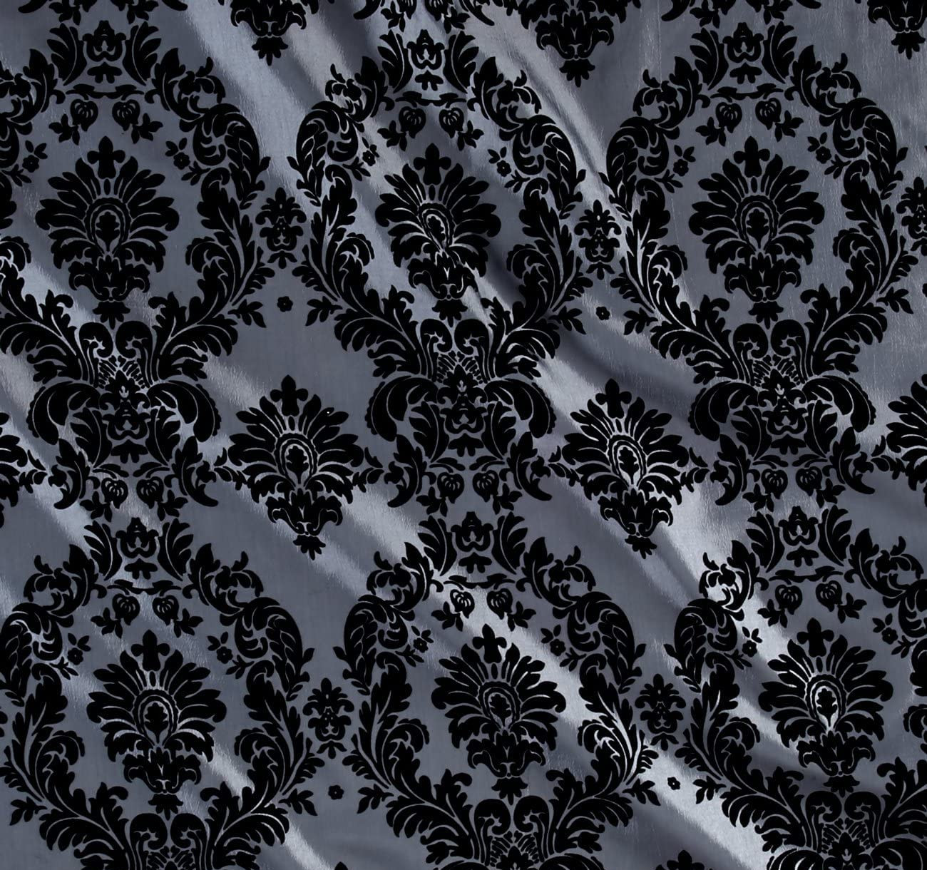 58/60" Silver/Black Flocked Damask Taffeta Fabric By The Yard