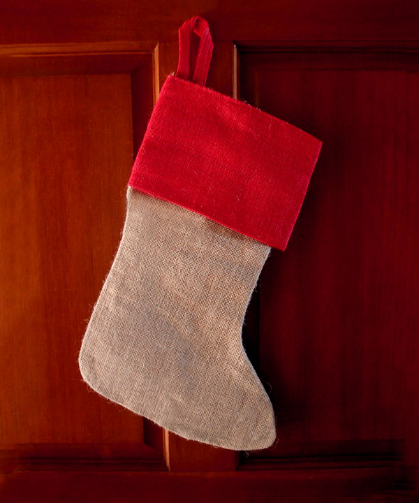 Burlap Stocking with Red Cuff 8" x 17"