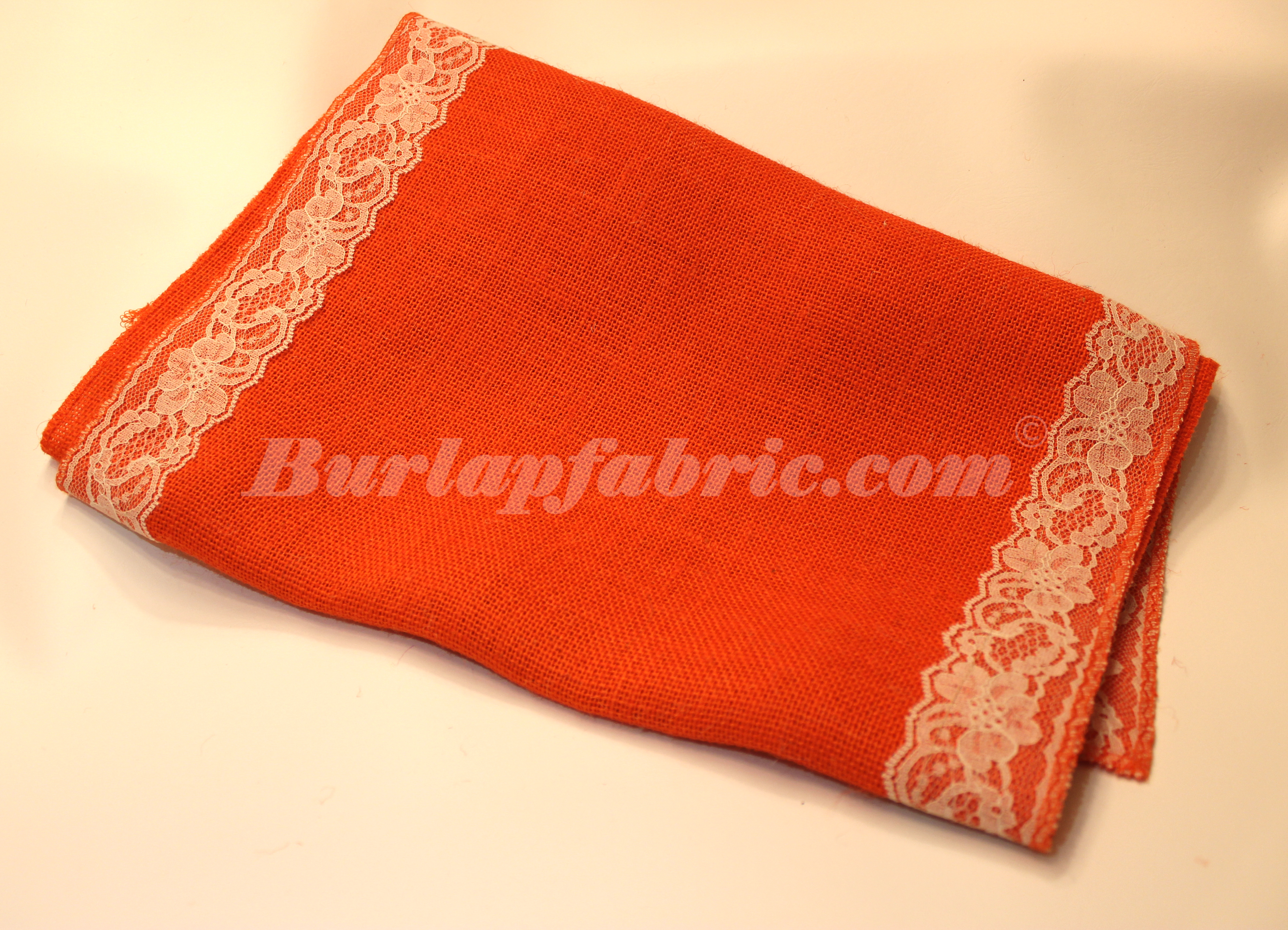 14" Tangerine Burlap Runner with 2" Ivory Lace Borders