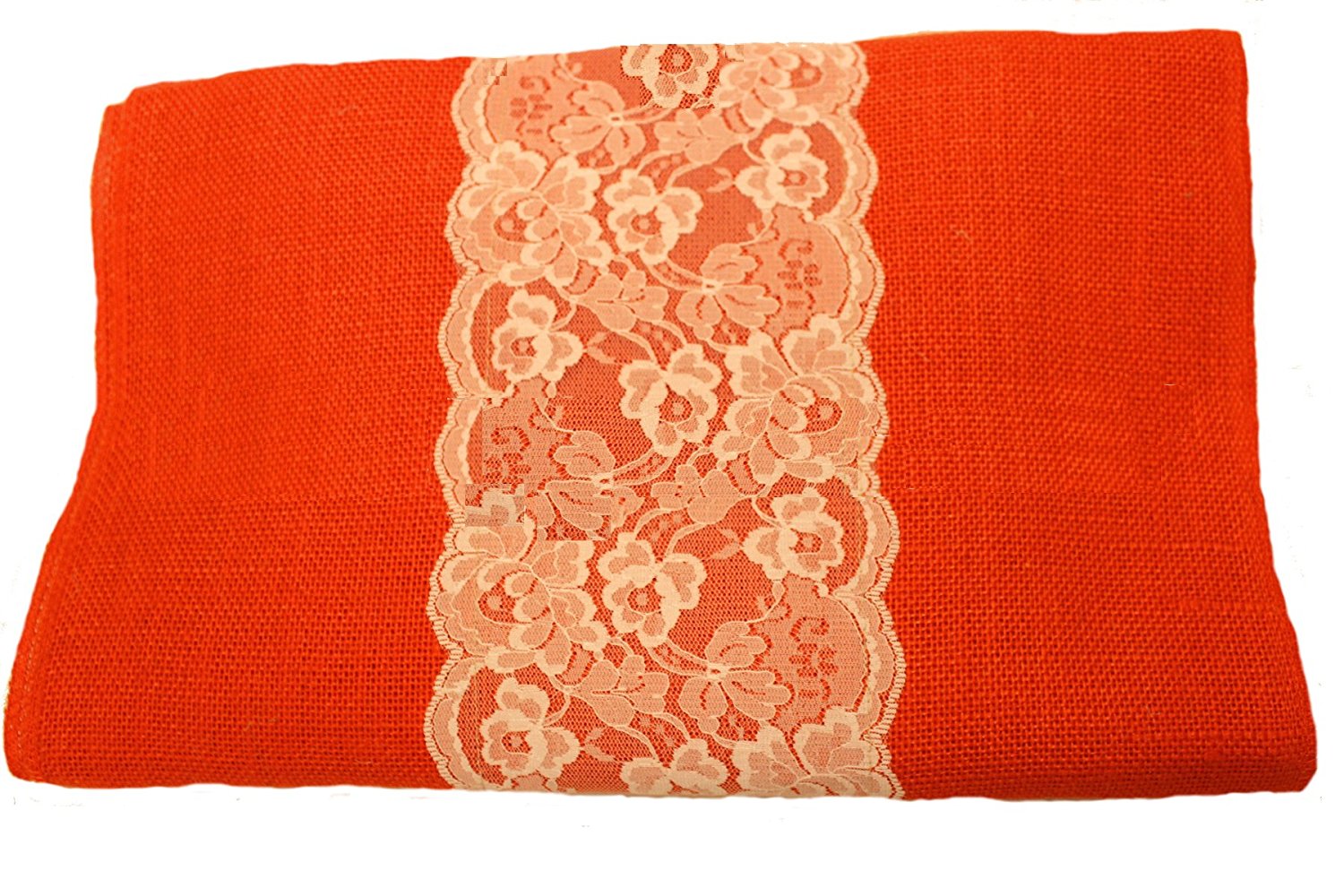 14" Tangerine Burlap Runner with 6" White Lace