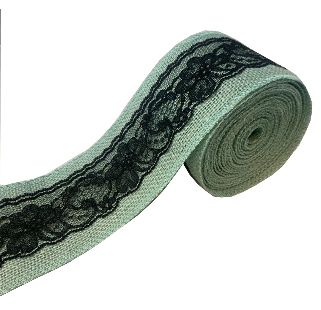 3" Teal Burlap Ribbon With Black Lace 5 Yard Roll - Made in USA