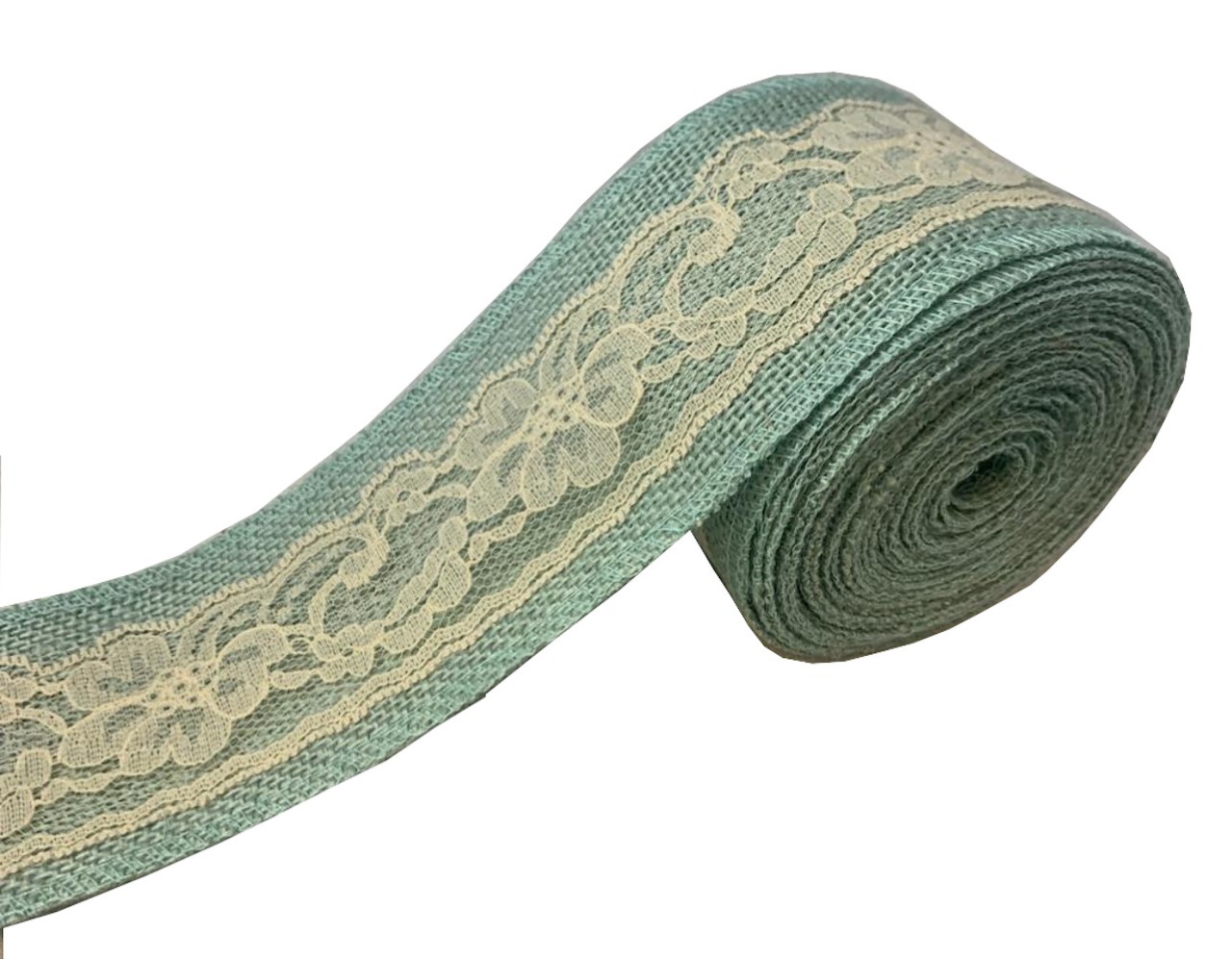 3" Teal Burlap Ribbon With Ivory Lace 5 Yard Roll - Made in USA