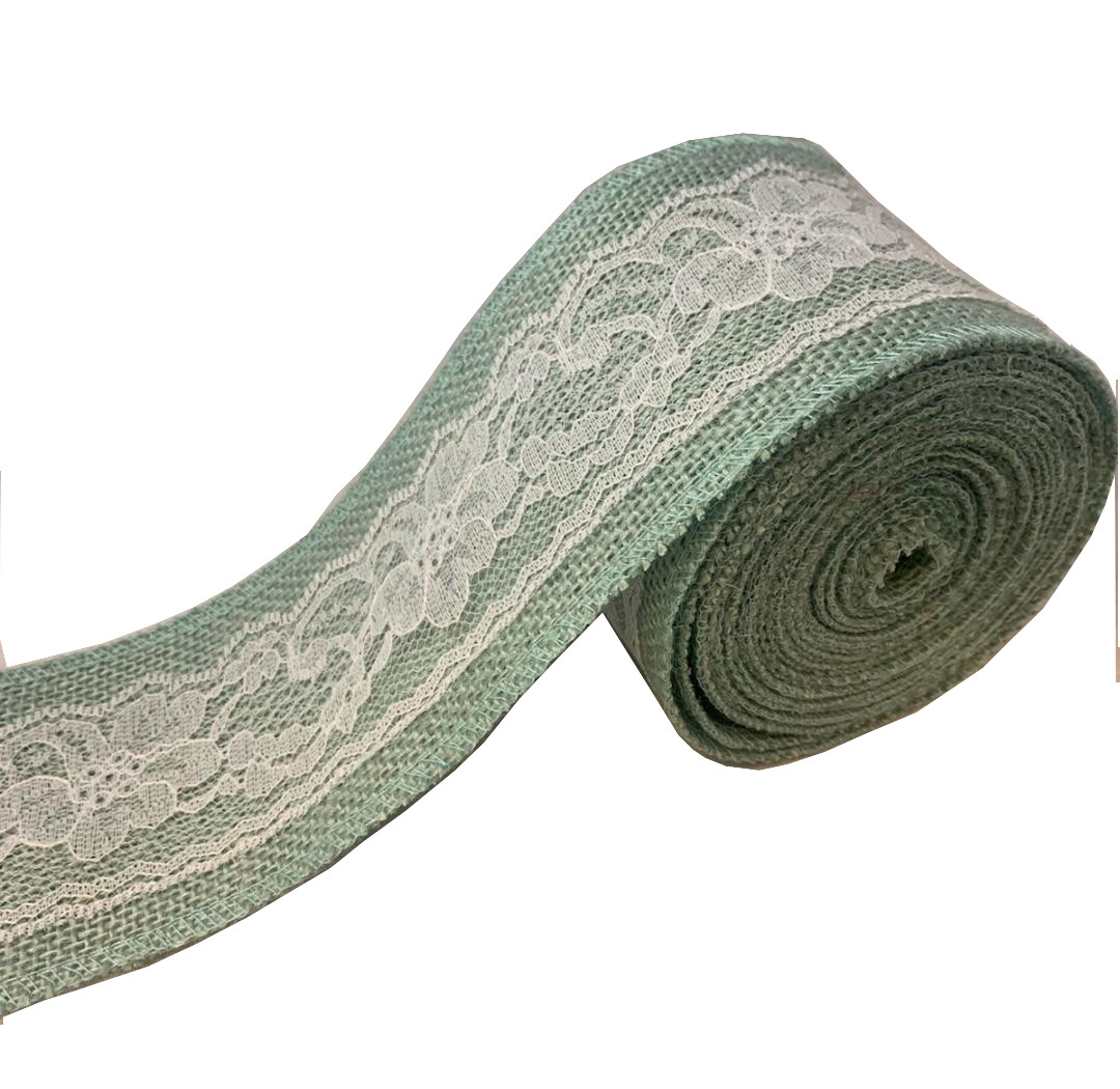 3" Teal Burlap Ribbon With White Lace 5 Yard Roll - Made in USA