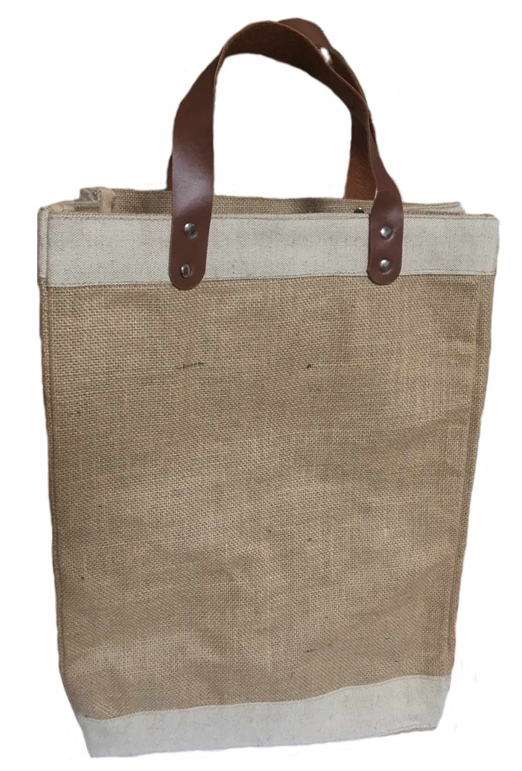 Jute Tote Bag With Faux Leather Handles 13"W x 18"H x 7.5"G - Click Image to Close