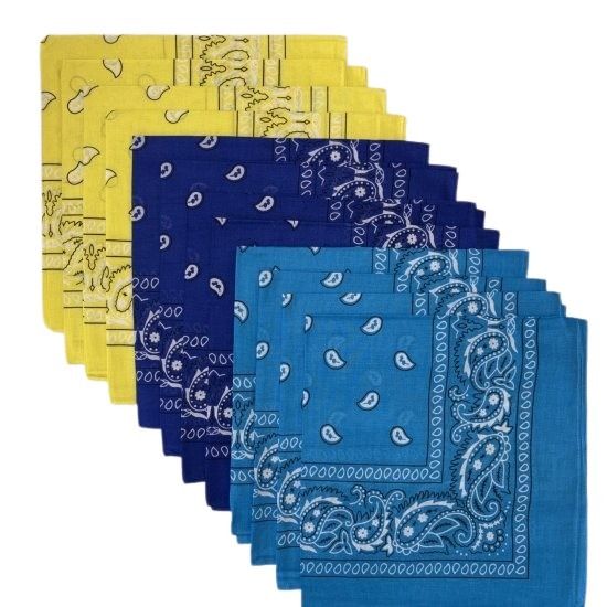 (image for) Paisley Bandanas Turquoise, Royal Blue, Yellow 22" x 22" Cotton (12 Pk)