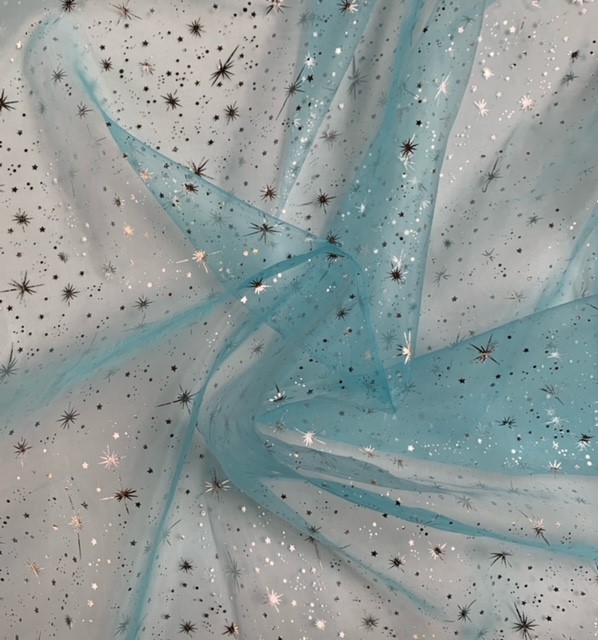 58/60 Turquoise Foil Star Organza Fabric By The Yard - Click Image to Close