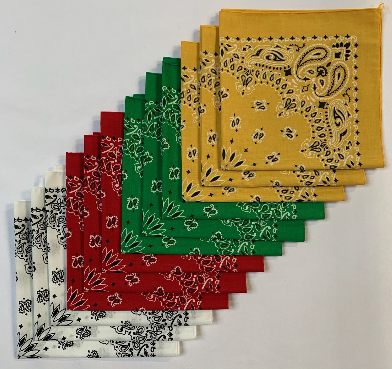 USA Made Solid Color Bandanas 3 Pk Cotton White Red Green 22" - Click Image to Close