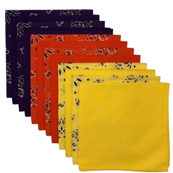 (image for) USA Made Paisley & Solid Bandanas - Yellow, Orange, Purple 12 Pk 22" 100% Cotton